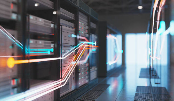 Modern dark data center, focus on the foreground, 3D render